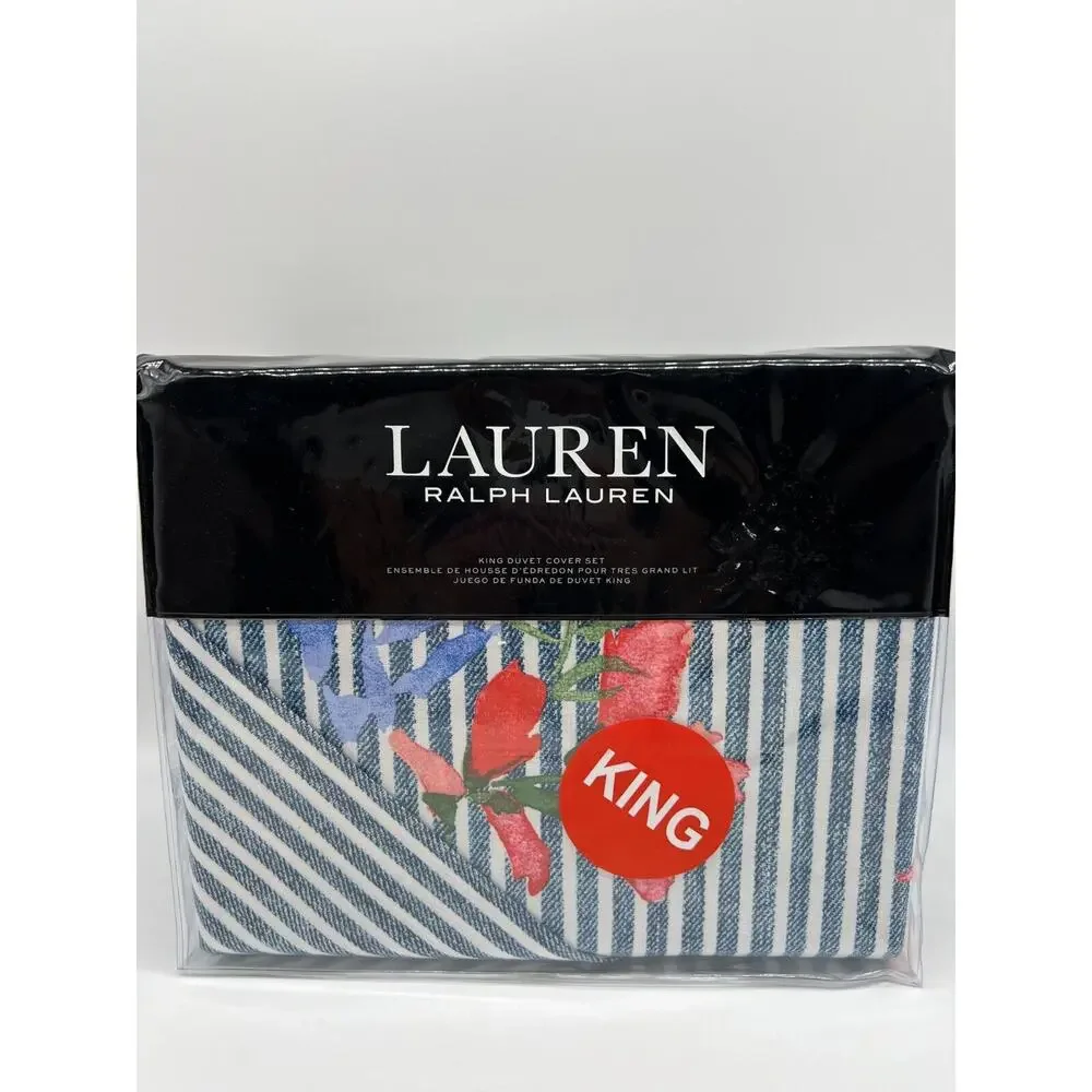 Ralph Lauren Maggie Floral Stripe 3Pc Cotton Duvet Cover Sham Set Blue King NWT.